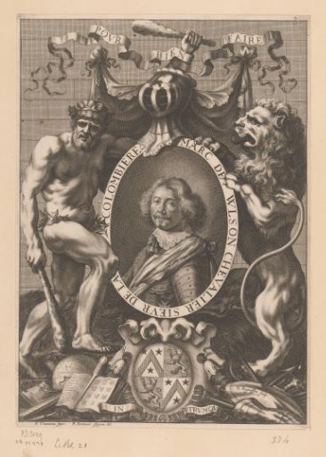 Portrait of Marc de Vulson, flanked by a wild man and a lion