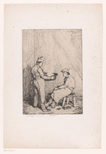 Standing cook with a pan and seated cook with a knife