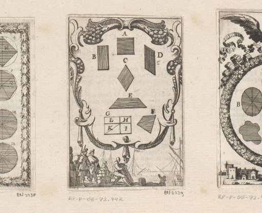Figures with four sides above sailors at their ships