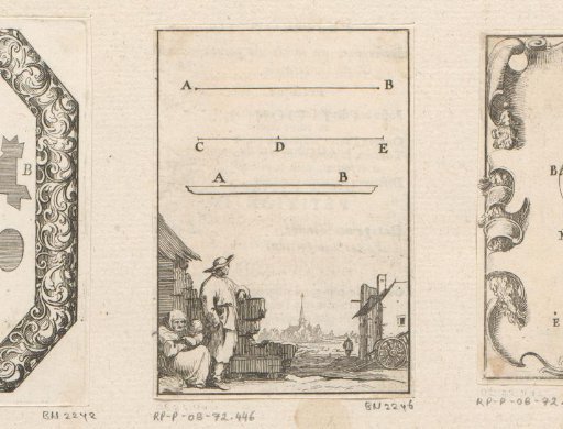 Village view with woman, man and child and defined lines