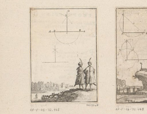 Construction of a perpendicular line, with two men in Oriental dress by a river below