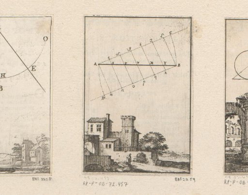 Division of a straight line, with a view of a house and castle below