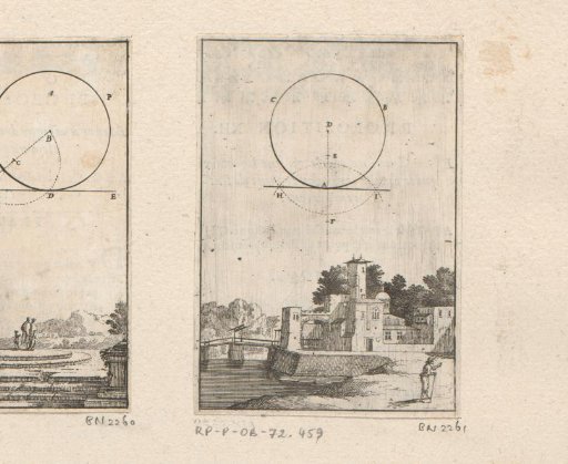 Straight line touching a circle, with a city view below