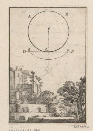 Circle and straight line, with a view of a ruin below