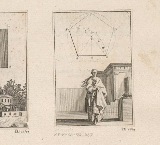 Equilateral pentagon with a woman by a temple