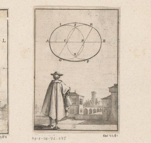 Description of an oval with a man seen from the back below