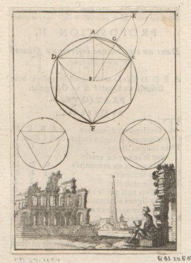 Triangle in a circle with a man with a book by ruins below