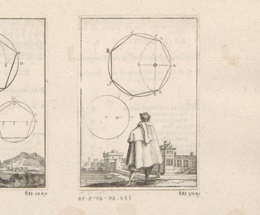 Construction of a heptagon in a circle with a man seen from the back below