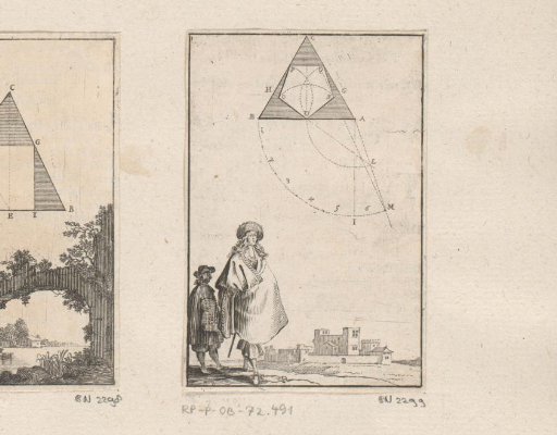 Construction of an isosceles pentagon in a triangle with two men below
