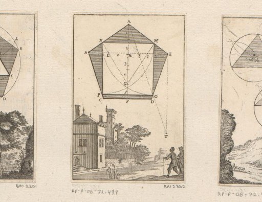 Construction of a square in a pentagon with a view of a house and two men below