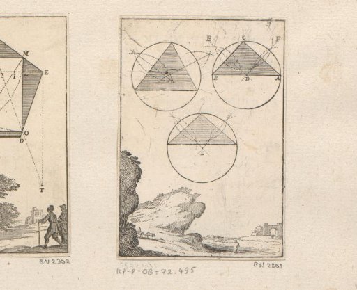 Construction of triangles in circles with a mountain landscape below