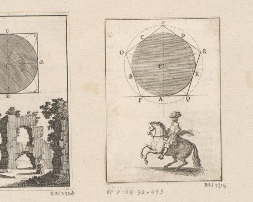 Pentagon around a circle with a horseman below