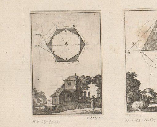 Equiangular polygon around a polygon with houses below