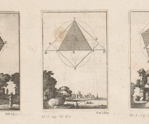Square around an isosceles triangle with a landscape below