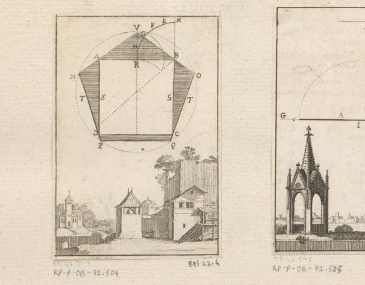 Pentagon around a square with a view of a village at the bottom