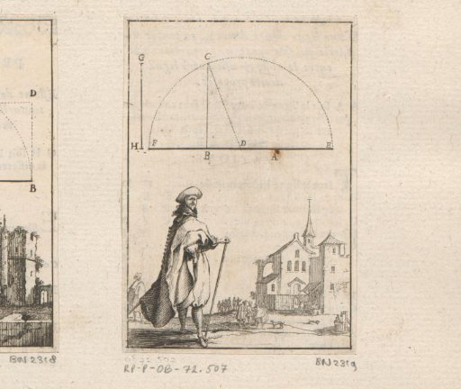 Line with mean proportionals with a standing figure at a church at the bottom