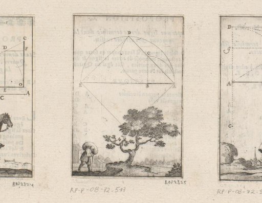 End of a diagonal of a square with a man carrying a load at a tree at the bottom