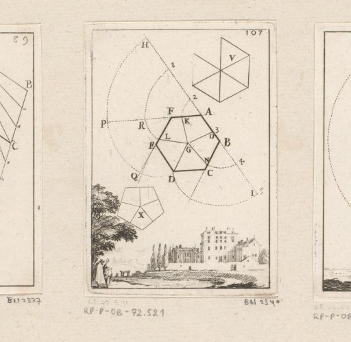 Division of a regular hexagon into five equal parts with a landscape at the bottom