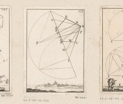 Division of a pentagon into five equal parts with a view of a city at the bottom