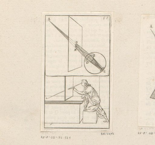 Man marking on a pane of glass the point where he sees an object through the glass
