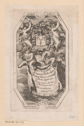 Title page with four putti with coat of arms and drapery