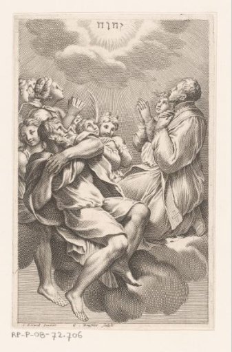 Group of men and women on clouds adoring the Tetragrammaton