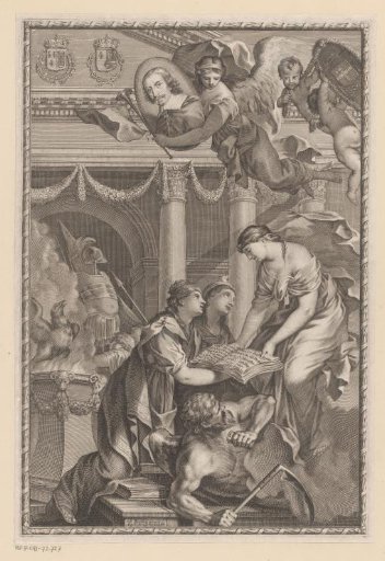Three Women with a Book under which Time Lies, with Fame Floating Above with a Portrait of Cardinal Mazarin