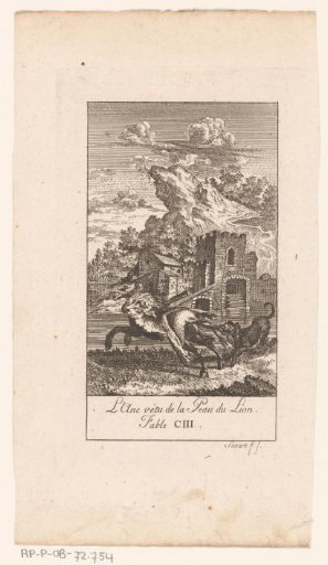 Donkey dressed in a lion's skin attacked by a dog