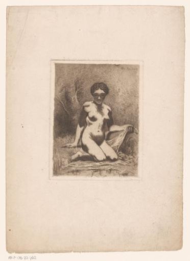 Kneeling nude woman by the water