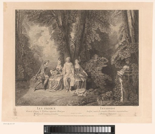 Park landscape with music-making ladies and theatrical figures