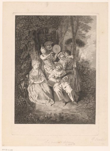 Park landscape with theatrical figures serenading a lady