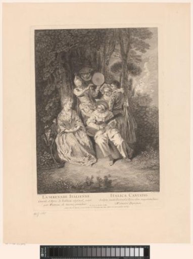 Park landscape with theatrical figures serenading a lady
