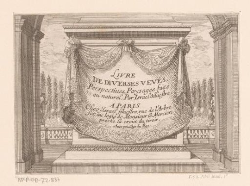 Title page print with drapery and a view of a garden