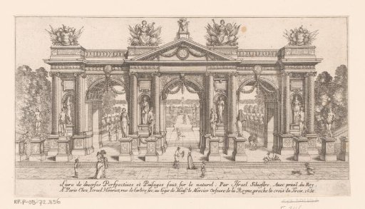 Title page with triumphal arch with a garden behind it