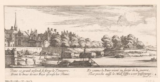 View of a munitions depot with a river and boats in front