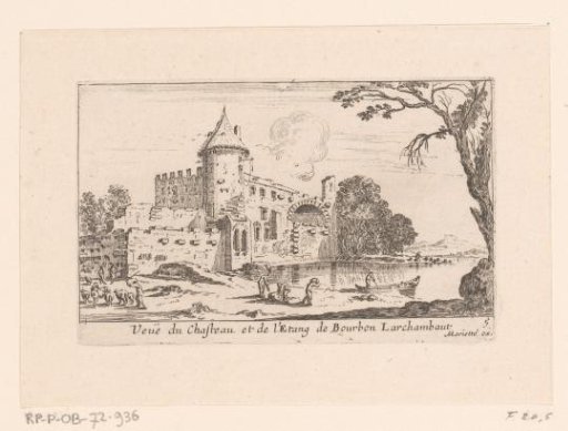 View of the castle of Bourbon l'Archambault with pond