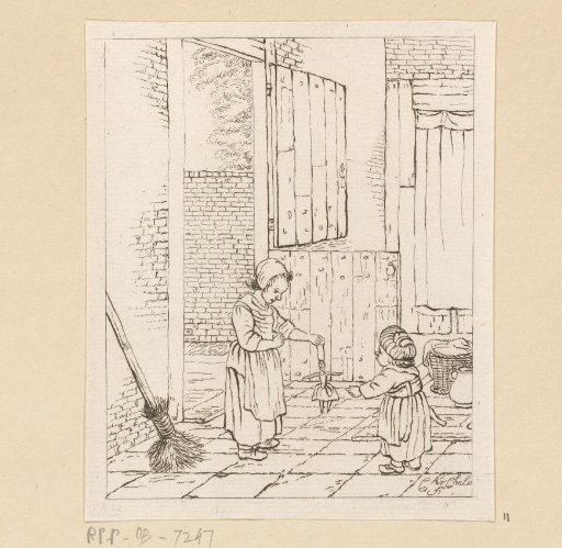 Two girls playing with a doll
