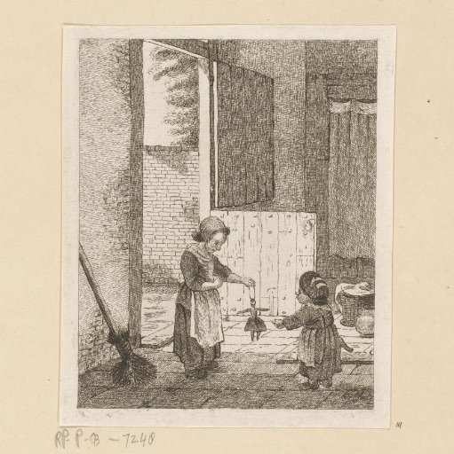 Two girls playing with a doll