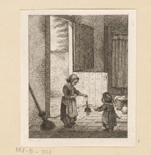 Two girls playing with a doll