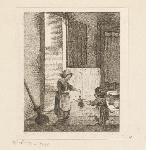 Two girls playing with a doll