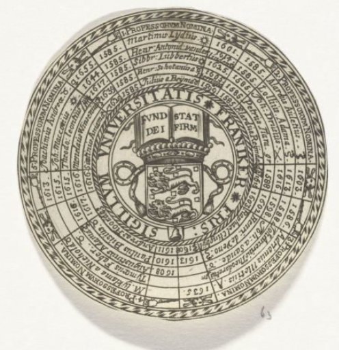 Medal of the University of Franeker, with the names of the professors and the coat of arms of the university