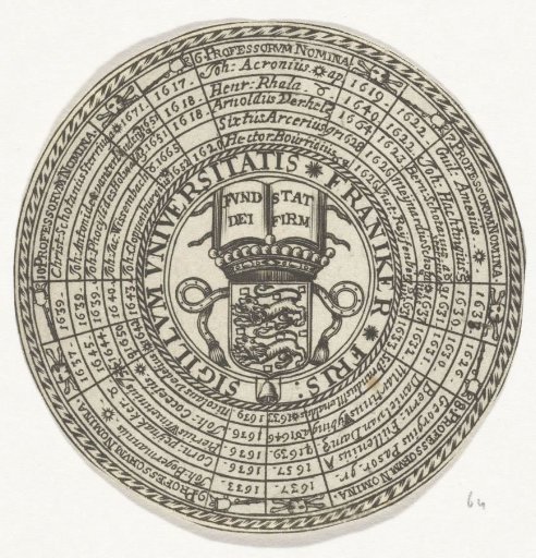 Medal of the University of Franeker, with the names of the professors and the coat of arms of the university