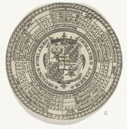 Medal of the University of Groningen, with space for the names of the professors and the coat of arms of the university