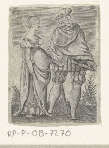 Dancing Couple, the man has a beard and a dagger