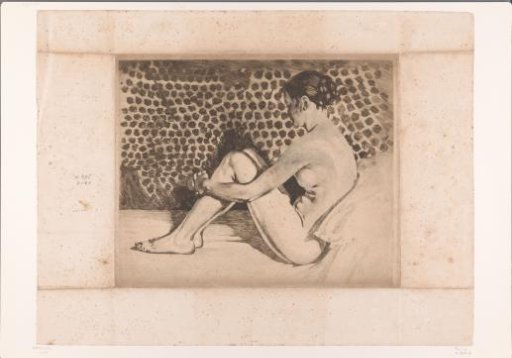 Nude woman with knees drawn up, seated on a divan