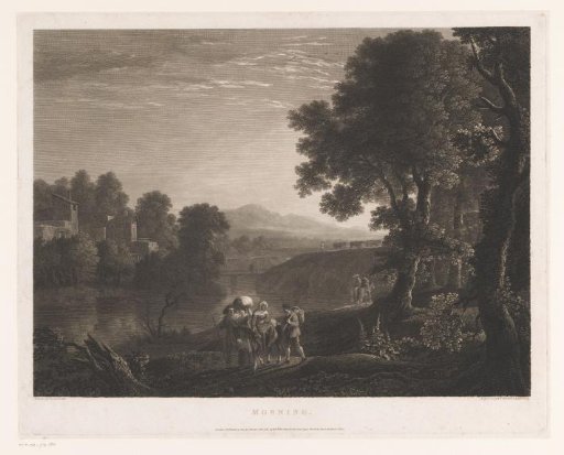 Landscape with shepherds and a woman on a mule on the bank of a river