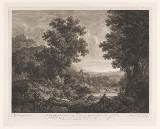 Landscape with figures around a fire, a draftsman, and a shawm player on the bank of a river