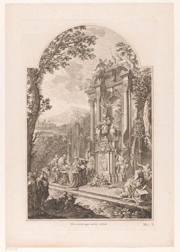 Figures around an allegorical monument to William Cowper