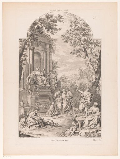 Figures around an allegorical monument to Robert Boyle, John Locke, and Thomas Sydenham