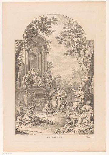 Figures around an allegorical monument to Robert Boyle, John Locke, and Thomas Sydenham